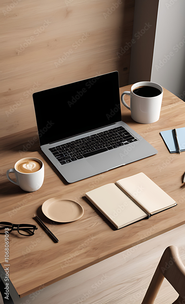 Modern Office Desk Mock-Up with Sleek Laptop, Coffee Mug, and Stationery on a Wooden Surface with a Plain Wall Background Modern Office Desk Mock-Up with Sleek Laptop, Coffee Mug, and Stationery on a Wooden Surface with a Plain Wall Background