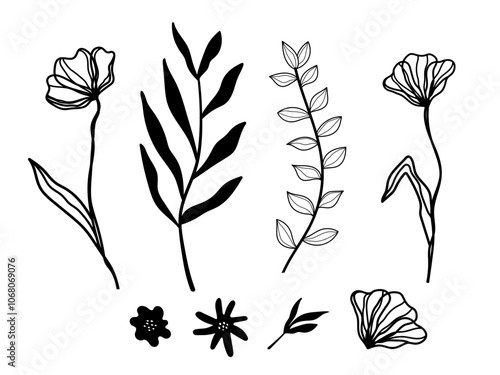 Group of plant objects. Stems with leaves and flowers. Flat vector illustration hand drawn, eps10