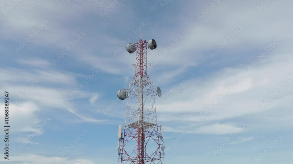 Communication tower on blue sky background. Communication tower on blue sky background.