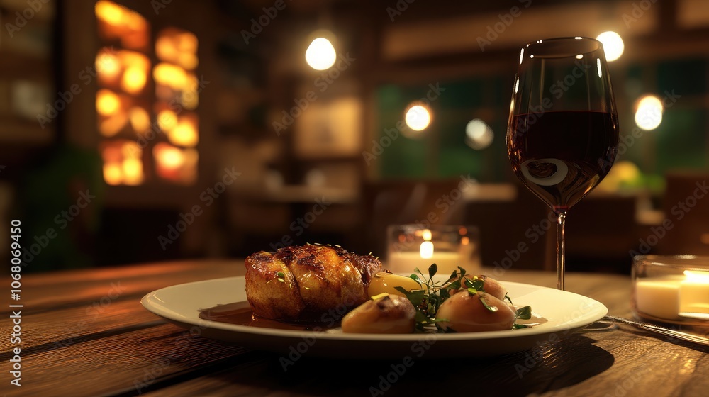 Elegant Dinner Setting with Fine Cuisine and Red Wine Elegant Dinner Setting with Fine Cuisine and Red Wine