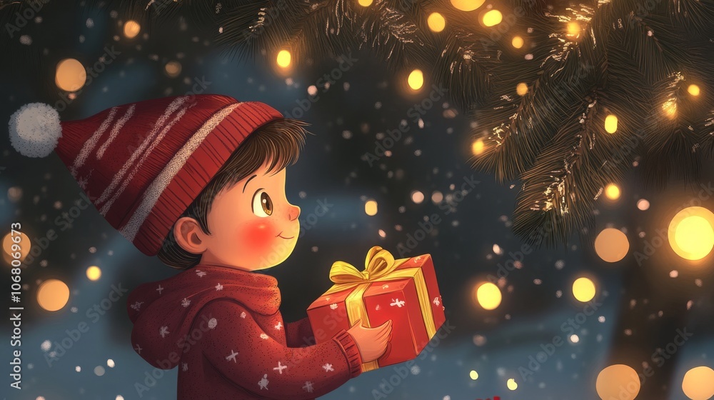Christmas Morning Joy: Boy with Gifts Under Tree Christmas Morning Joy: Boy with Gifts Under Tree
