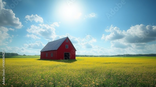 A rural landscape featuring a green field with a red barn under a blue sky, offering a peaceful and sunny countryside scene for nature lovers.