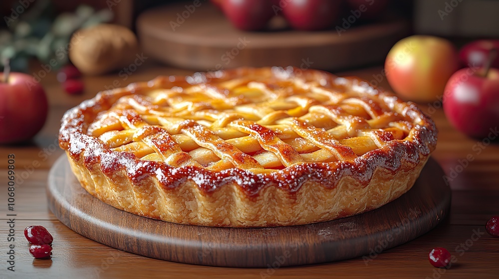 A rustic apple pie displayed on a kitchen table surrounded by fresh fruit, creating a warm, inviting setting for a sweet Thanksgiving dessert or bakery cafe menu poster. A rustic apple pie displayed on a kitchen table surrounded by fresh fruit, creating a warm, inviting setting for a sweet Thanksgiving dessert or bakery cafe menu poster.