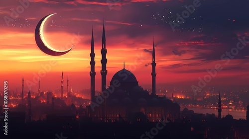 photo of silhouette mosque with crescent moon and beautiful sky at night, ramadan kareem concept background banner for islamic celebration 