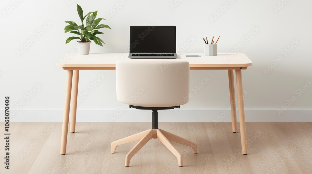 Modern minimalist workspace featuring a sleek desk, ergonomic chair, laptop, and decorative plant, perfect for productivity and creativity. Modern minimalist workspace featuring a sleek desk, ergonomic chair, laptop, and decorative plant, perfect for productivity and creativity.