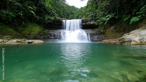 Serene waterfall flowing into a crystal-clear pool, surrounded by lush greenery and vibrant foliage, creating a tranquil natural paradise.