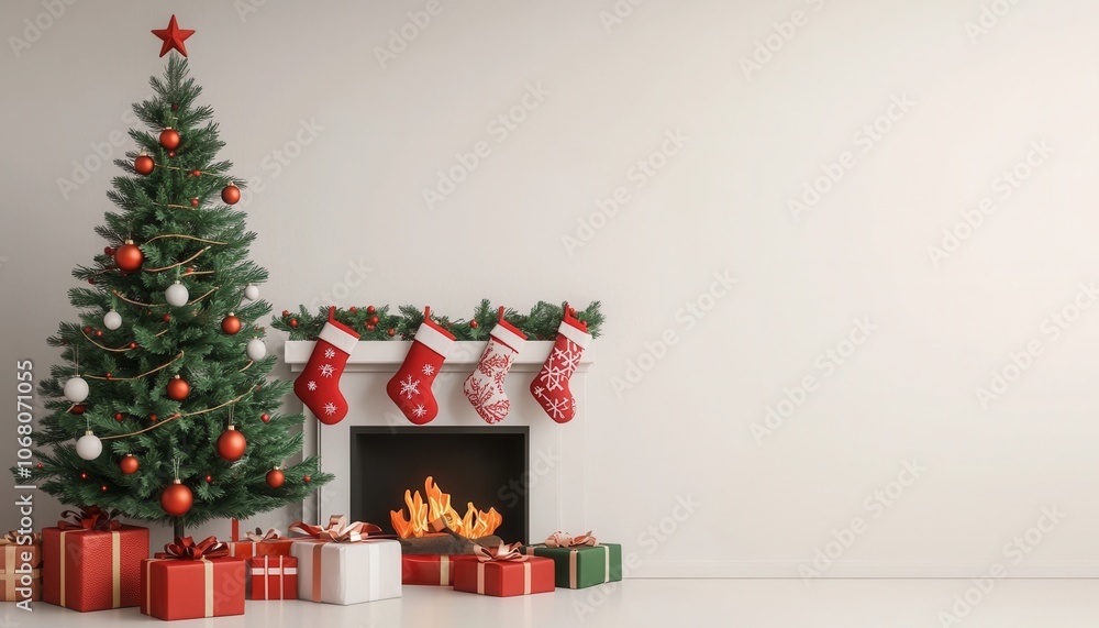 A Christmas tree with red and white ornaments sits in front of a fireplace A Christmas tree with red and white ornaments sits in front of a fireplace