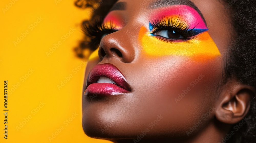 Woman with vibrant and colorful makeup, creating a bold artistic look Woman with vibrant and colorful makeup, creating a bold artistic look