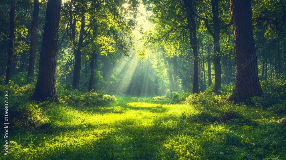 Obraz premium Lush forest with sunlight filtering through trees onto a grassy path.