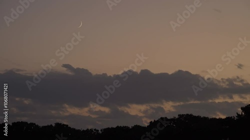 夕暮れの西の空に浮かぶ三日月 巣へと帰る鳥や虫の声, ProRes, 2倍速 photo