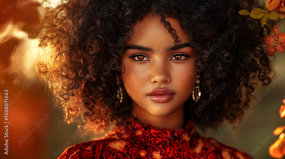 Portrait of young woman with curly hair in warm autumn light Portrait of young woman with curly hair in warm autumn light