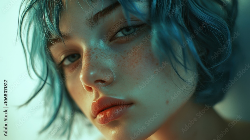 Young woman with short, wavy blue hair in a close-up, captured in a vivid and artistic style