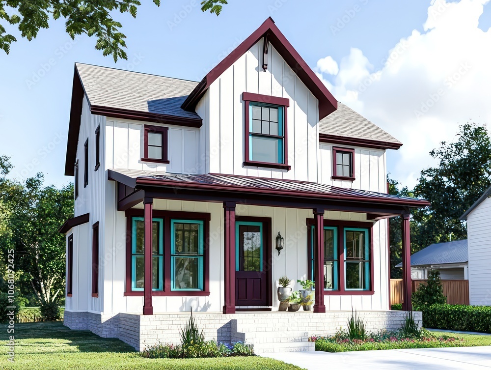 Obraz premium Contemporary Georgia home with maroon trim, white walls, turquoise windows, sunny day.