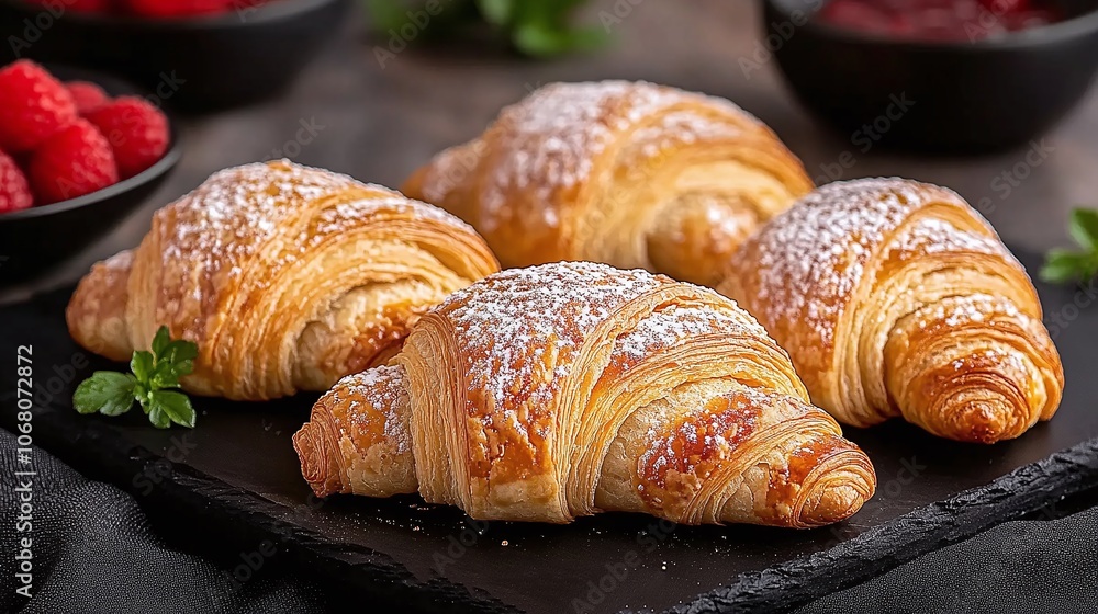 Flaky croissants dusted with powdered sugar sit on a dark slate plate, accompanied by fresh raspberries and a rich, inviting presentation. Flaky croissants dusted with powdered sugar sit on a dark slate plate, accompanied by fresh raspberries and a rich, inviting presentation.