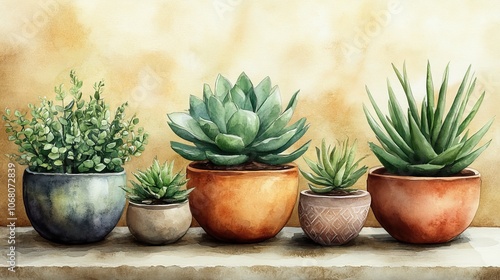 A set of trendy watercolor house plants in decorative pots, perfect for botanical home decor projects, invitations, or modern interior design inspirations.