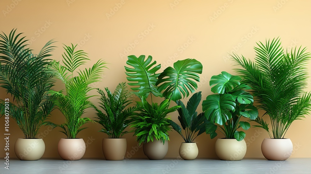 A set of tropical indoor potted plants, including monstera and palm trees, provides a lush and exotic backdrop for interior design themes. A set of tropical indoor potted plants, including monstera and palm trees, provides a lush and exotic backdrop for interior design themes.