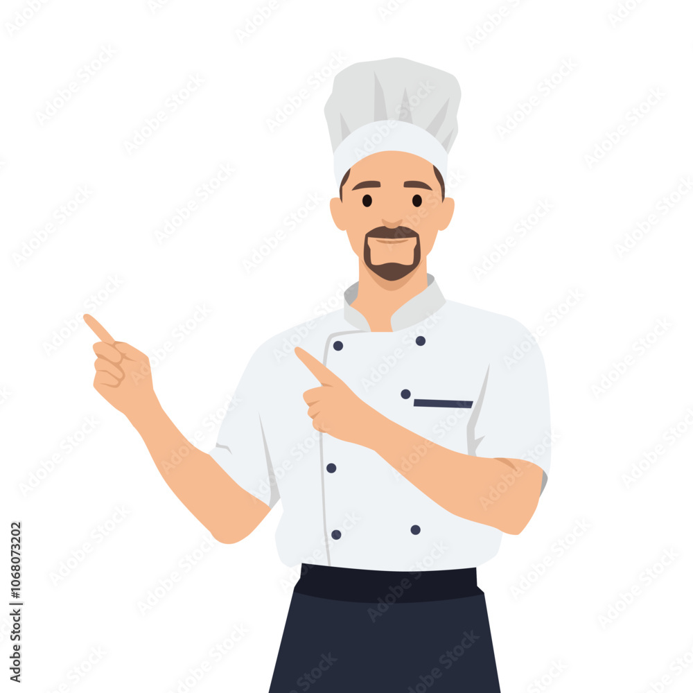 Young man chef in uniform and hat standing and inviting guests to restaurant. Flat vector illustration isolated on white background Young man chef in uniform and hat standing and inviting guests to restaurant. Flat vector illustration isolated on white background