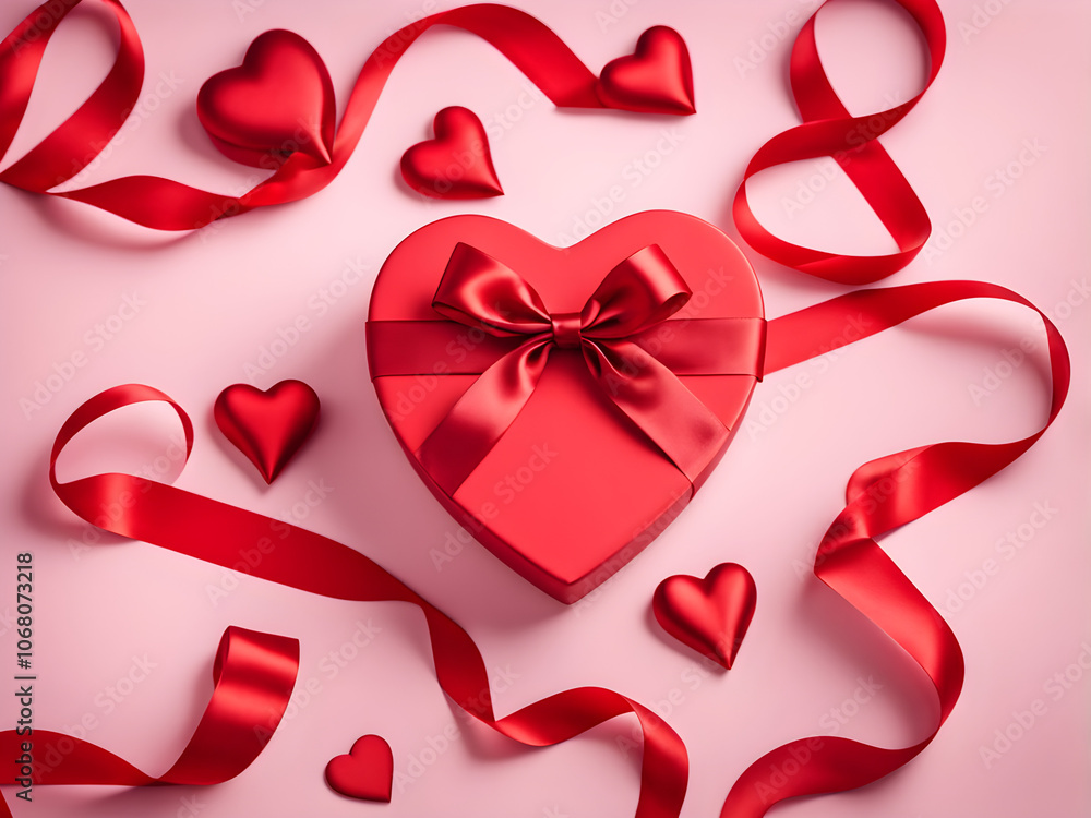 Red heart-shaped box wrapped ribbon now on silk background. Happy Valentines Day concept. Flat lay, top view Red heart-shaped box wrapped ribbon now on silk background. Happy Valentines Day concept. Flat lay, top view