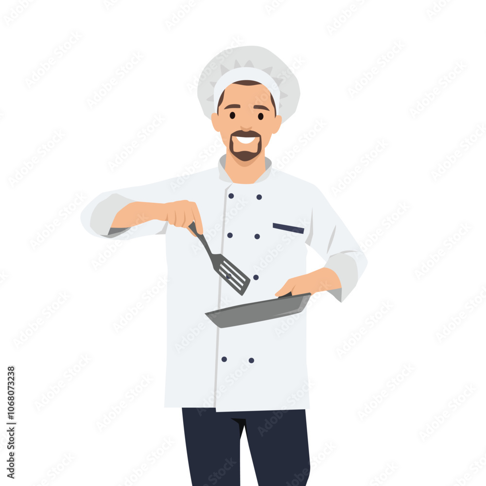 Chef cook guy throws food on pan demonstrating skills of professional culinary specialist. Flat vector illustration isolated on white background Chef cook guy throws food on pan demonstrating skills of professional culinary specialist. Flat vector illustration isolated on white background