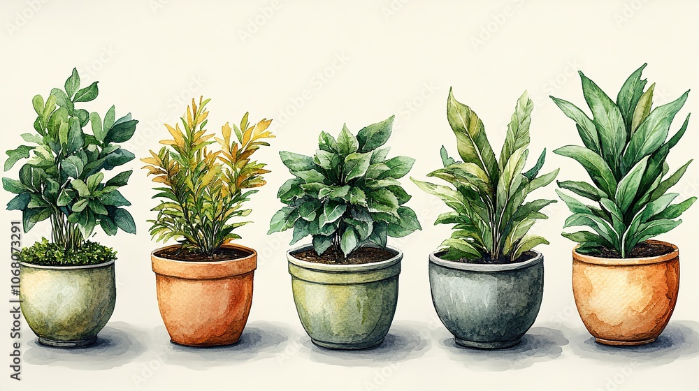 A set of watercolor tropical house plants in pots, perfect for botanical themes in modern home decor, invitations, or design projects. A set of watercolor tropical house plants in pots, perfect for botanical themes in modern home decor, invitations, or design projects.