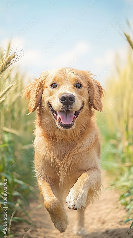 A joyful golden retriever running through a sunny field of wheat. A joyful golden retriever running through a sunny field of wheat.