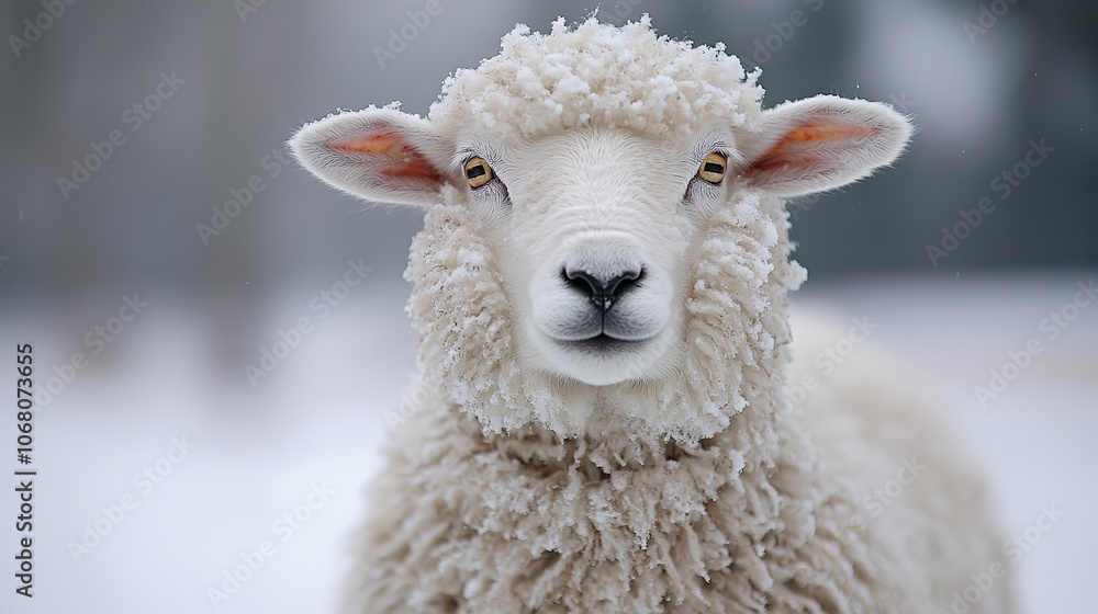 A sheep, wrapped in a white scarf, stands against the snowy background, evoking winter wildlife or Christmas holiday card themes. A sheep, wrapped in a white scarf, stands against the snowy background, evoking winter wildlife or Christmas holiday card themes.