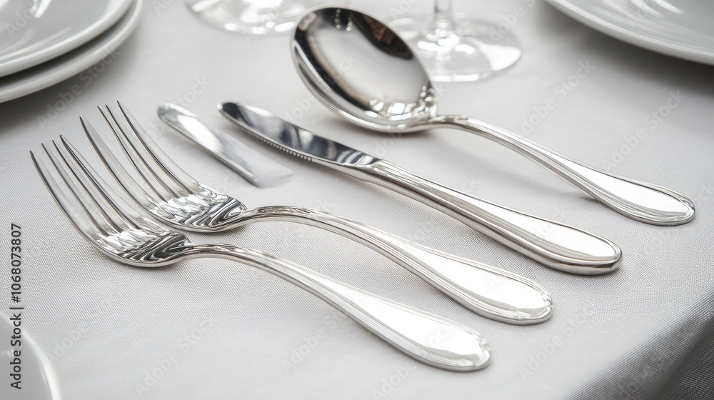 Elegant Silver Cutlery Set on Table Cloth Elegant Silver Cutlery Set on Table Cloth