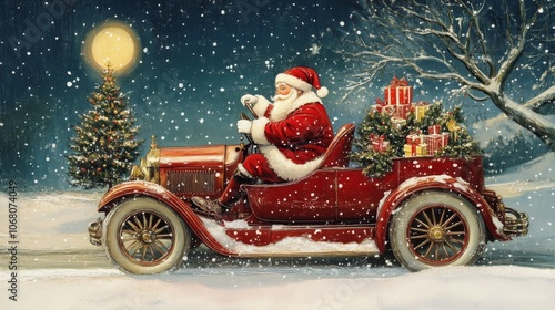Santa Claus Driving Vintage Red Car with Christmas Tree and Gifts