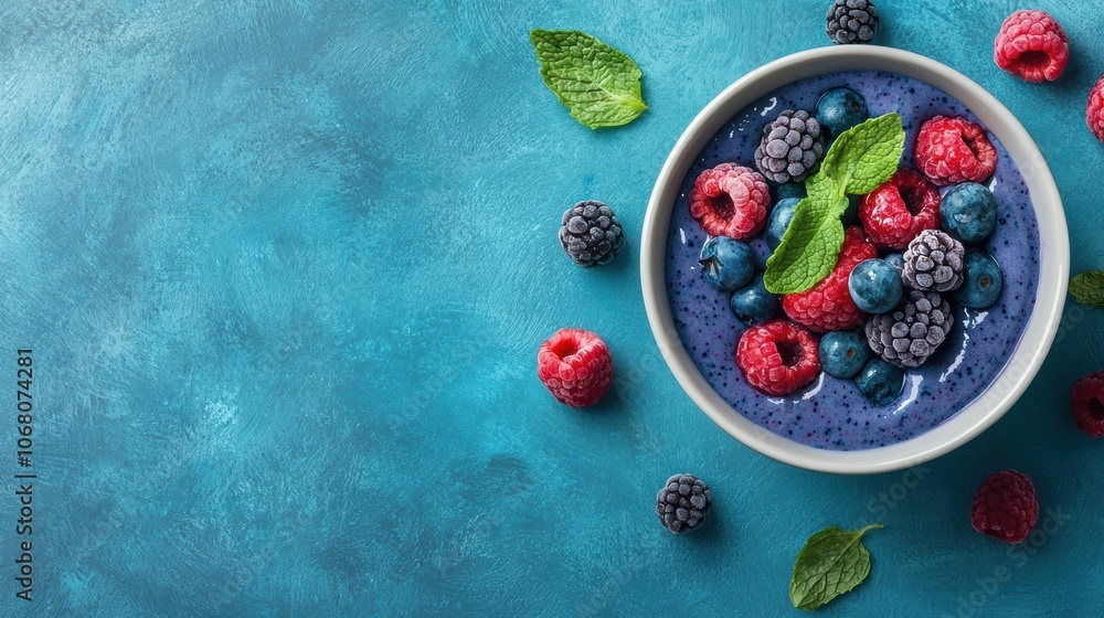 Colorful berry smoothie bowl with fresh mint garnish