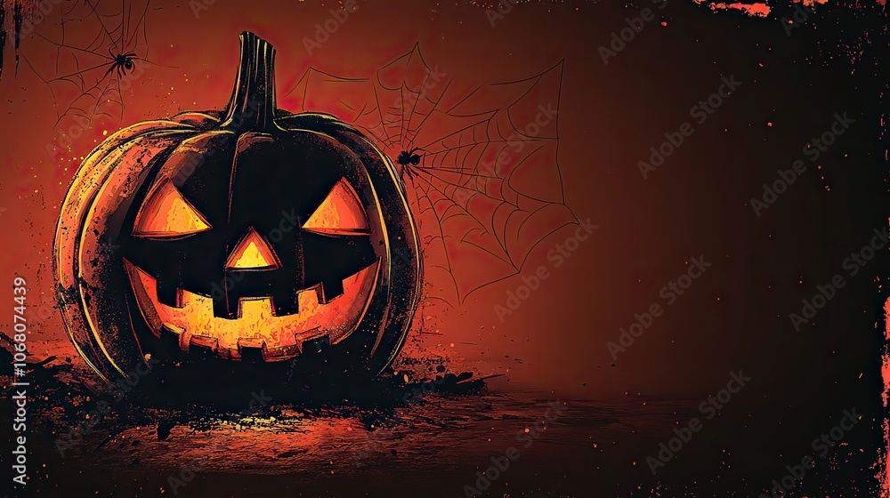 Fototapeta premium A simple yet spooky design with a carved pumpkin and spider web on a dark red background, ideal for creating Halloween and Thanksgiving banners, greeting cards, or invitations.