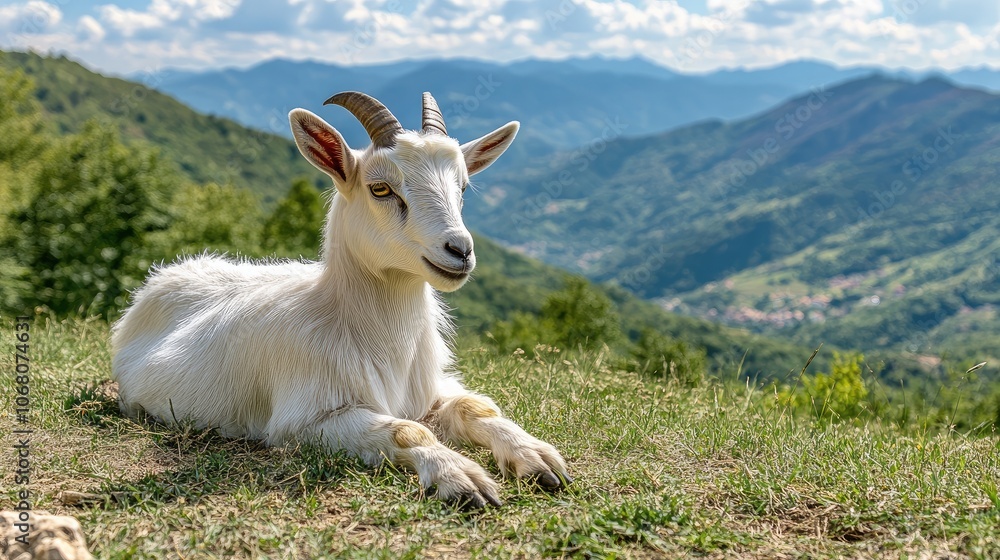 Peaceful Goat Relaxing in Mountain Landscape Peaceful Goat Relaxing in Mountain Landscape