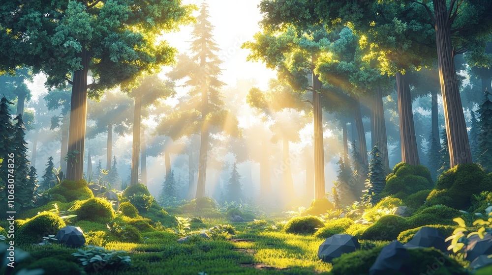 Misty Forest at Sunrise with Sunbeams and Fog