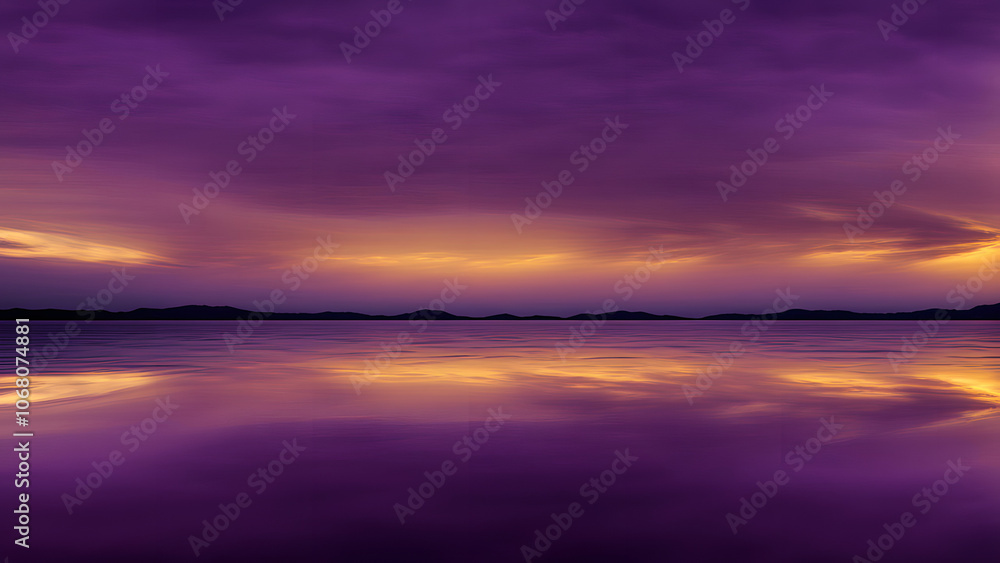 Fototapeta premium Metallic liquid surface in deep purple and gold tones reflecting a soft twilight sky, Ai Generated