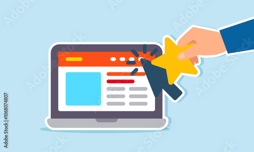 Showing a heart to a cursor pointing at a marketplace website on a laptop, illustration of giving ratings to a business platform site