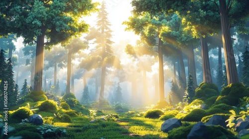 Obraz na płótnie Misty Forest at Sunrise with Sunbeams and Fog w salonie