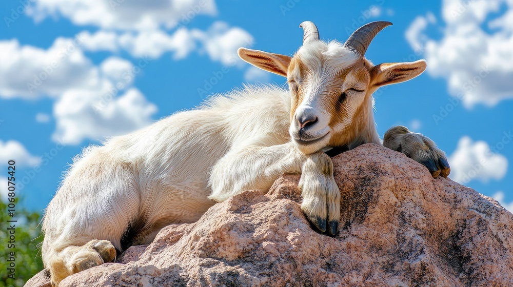 Obraz premium Relaxing Goat Sunbathing on a Rock