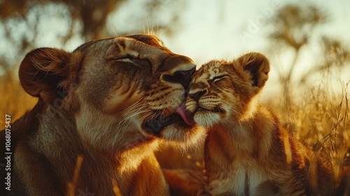 Lioness licking her cub in the african savanna at sunset showing motherly love