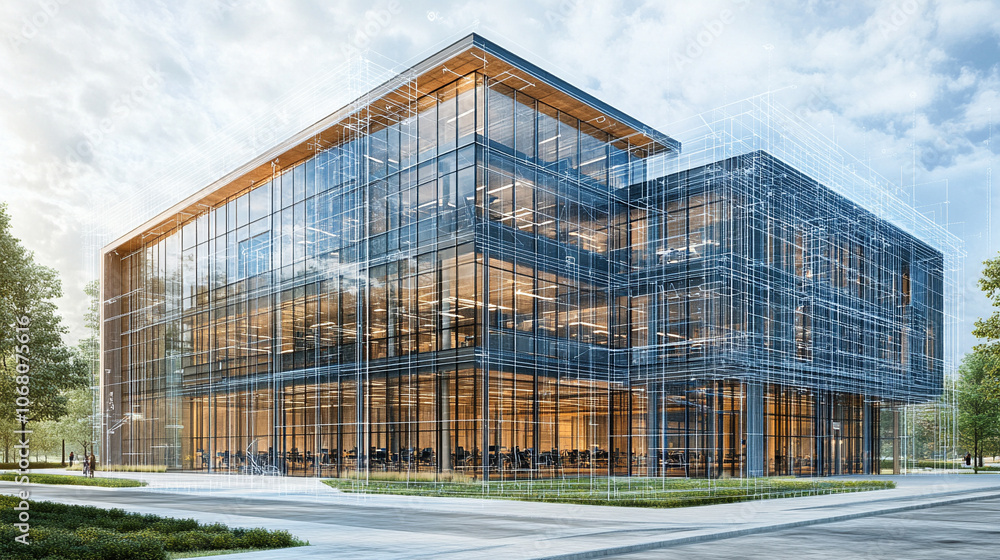 digital blueprint of an office building, representing modern architectural planning, precision, and technology in the workplace. Symbolizes innovation, structure, and the future of business environmen digital blueprint of an office building, representing modern architectural planning, precision, and technology in the workplace. Symbolizes innovation, structure, and the future of business environmen