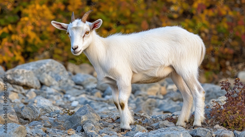 Obraz premium White Goat Among Rocky Terrain in Natural Habitat