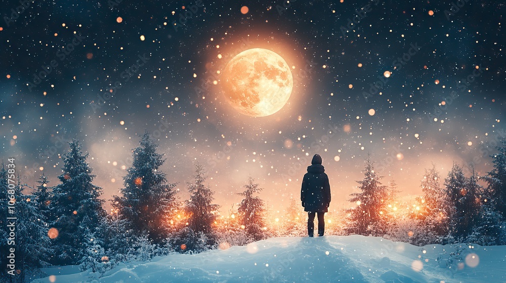 A snowy Christmas night with a full moon and twinkling lights symbolizes holiday celebrations, perfect for Christmas-themed banners and greeting cards. A snowy Christmas night with a full moon and twinkling lights symbolizes holiday celebrations, perfect for Christmas-themed banners and greeting cards.