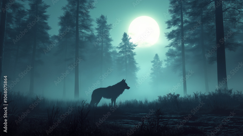 A majestic wolf standing in a misty forest A majestic wolf standing in a misty forest