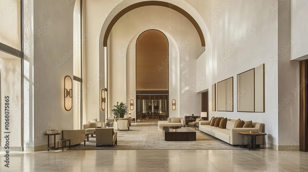 Modern hotel lobby featuring a dome high ceiling, and elegant lighting, creating a welcoming atmosphere for guests Modern hotel lobby featuring a dome high ceiling, and elegant lighting, creating a welcoming atmosphere for guests