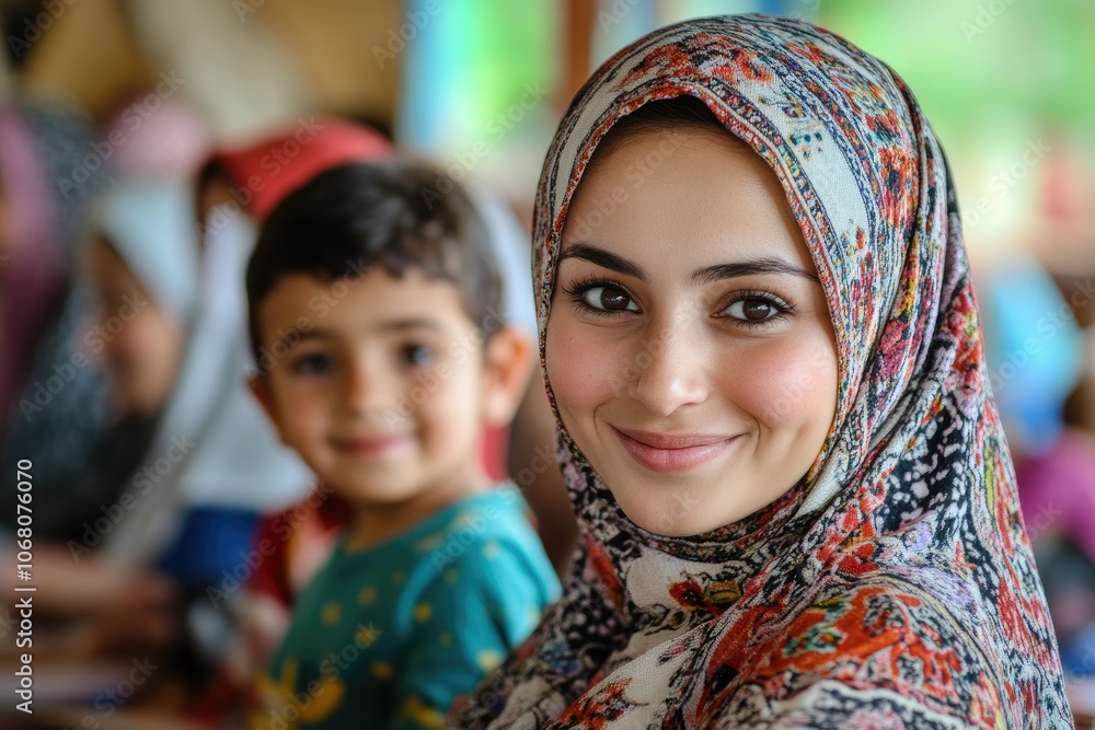 Muslim teacher smiling with children in the background Muslim teacher smiling with children in the background