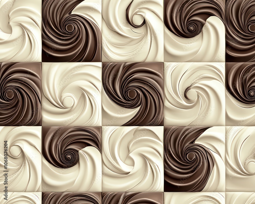 Modern ivory wallpaper featuring chocolate spiral designs on geometric tiles. Modern ivory wallpaper featuring chocolate spiral designs on geometric tiles.