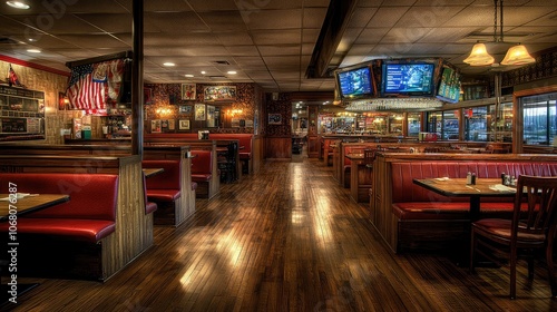 Cozy Restaurant Interior with Warm Lighting and Seating