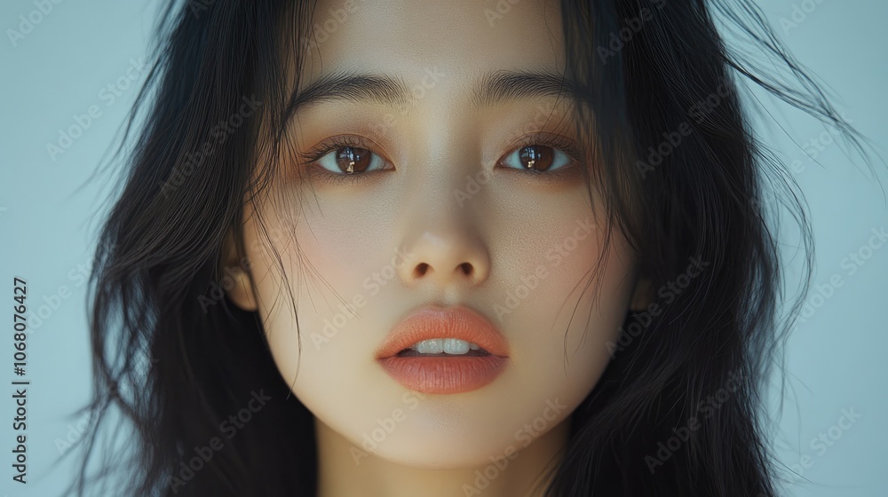 Beautiful young asian woman posing with messy hair and peachy makeup Beautiful young asian woman posing with messy hair and peachy makeup