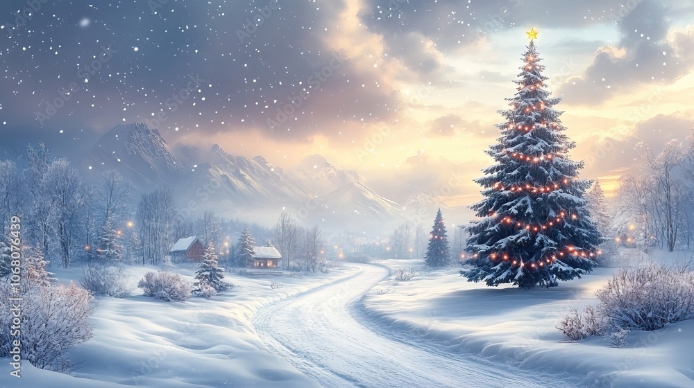 A snowy landscape with a Christmas tree and holiday lights symbolizes festive celebrations, making it ideal for Christmas banners and greeting cards. A snowy landscape with a Christmas tree and holiday lights symbolizes festive celebrations, making it ideal for Christmas banners and greeting cards.