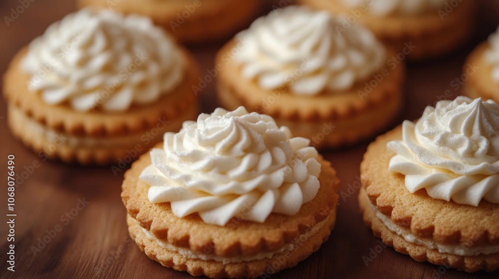 Delicious cookies topped with swirls of white cream cheese frosting resting on dark surface Delicious cookies topped with swirls of white cream cheese frosting resting on dark surface