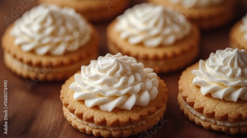 Delicious cookies topped with swirls of white cream cheese frosting resting on dark surface