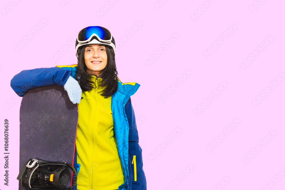 Close up snowboarder woman wear blue suit goggles mask hat ski padded jacket cover mouth with snowboard isolated on plain pastel white space. Winter extreme sport snowboard weekend trip relax concept Close up snowboarder woman wear blue suit goggles mask hat ski padded jacket cover mouth with snowboard isolated on plain pastel white space. Winter extreme sport snowboard weekend trip relax concept